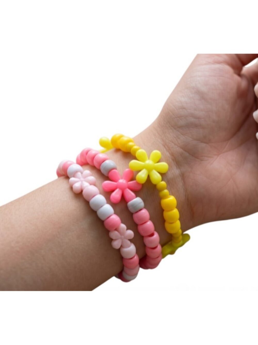 Handmade Beaded Flower Bracelet Lot 3pc Y2K Kandi Rave Cute Pastel Gift Set NEW